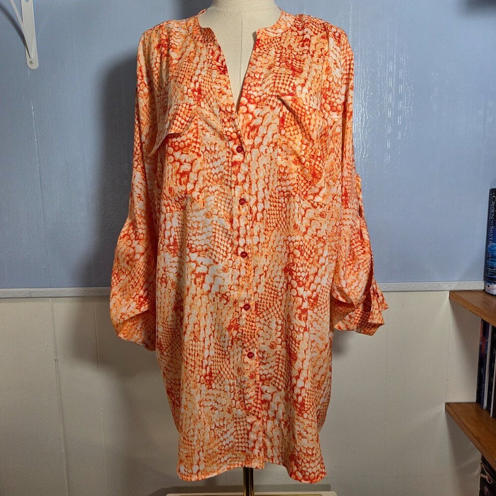 Calvin Klein 1X Bright Orange White Snake Skin Print Button Up Semi Sheer Blouse